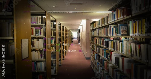 Steady library corridor shot starting drifting cyber terms fading over shelves visualizing security