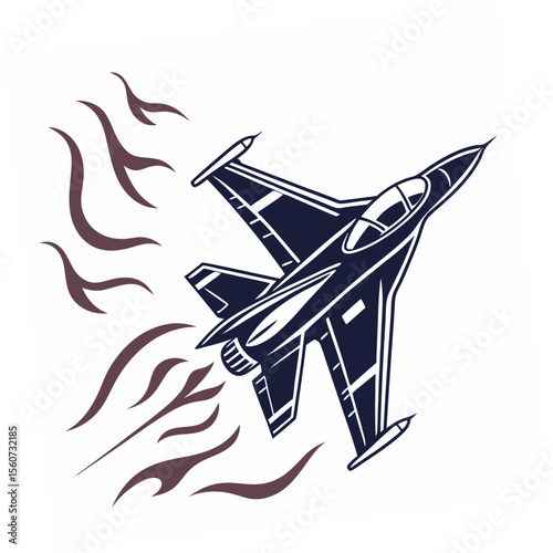 Stylized fighter jet soars upward leaving trails of smoke in its wake in monochrome design