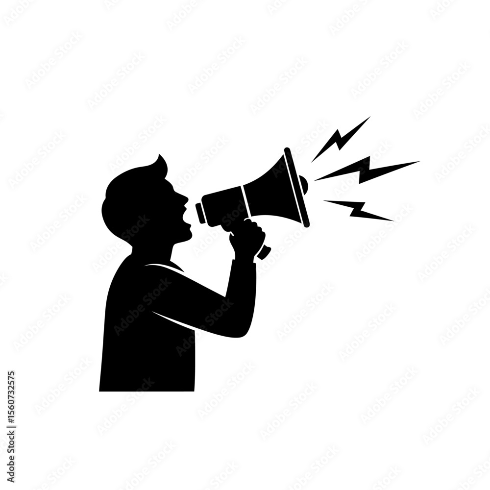 Fototapeta premium A man shouts into a megaphone, isolated on white background
