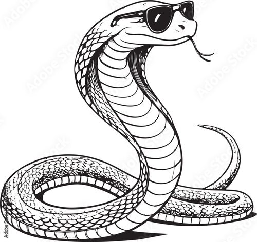 Cool Snake Animal in Sunglasses, Vector Illustration, Sketch Drawing Line Linear Symbol Icon Engraving Coloring Book, Hand-drawn Black and White Isolated