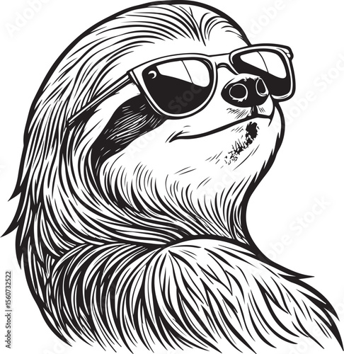 Cool Sloth Animal in Sunglasses, Vector Illustration, Sketch Drawing Line Linear Symbol Icon Engraving Coloring Book, Hand-drawn Black and White Isolated