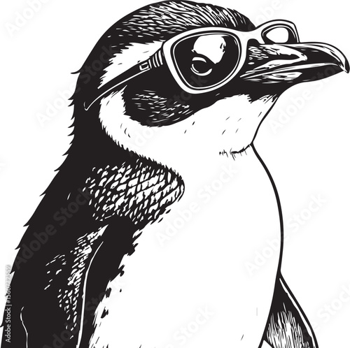 Cool Penguin Bird Animal in Sunglasses, Vector Illustration, Sketch Drawing Line Linear Symbol Icon Engraving Coloring Book, Hand-drawn Black and White Isolated