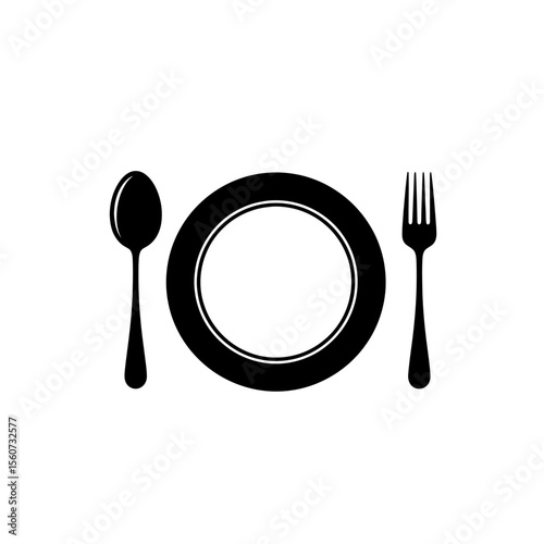 A black and white plate with a spoon and fork isolated on white background