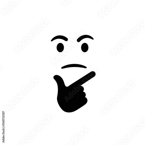 A black and white thinking face with a hand on its chin isolated on white background