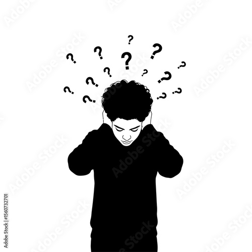 A man surrounded by question marks is deep in thought isolated on white background, conveying stress and mental health concerns