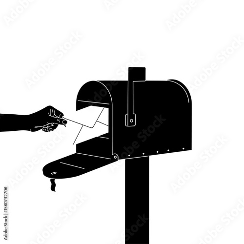 A hand puts an envelope into a black mailbox, isolated on white background