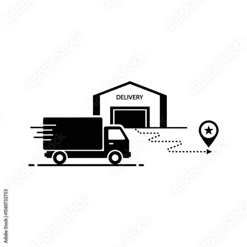 A delivery truck travels from a warehouse to a starmarked location, isolated on white background