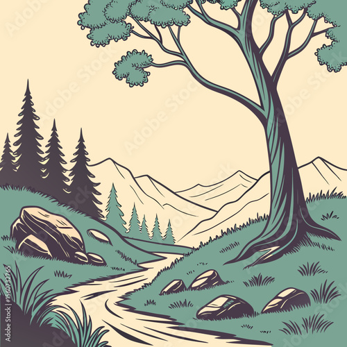 Illustration of a winding path through a mountainous landscape with a large tree on the right