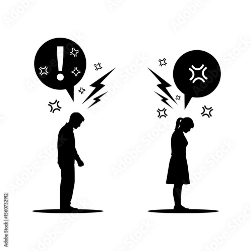 A couple arguing with angry thoughts, isolated on white background