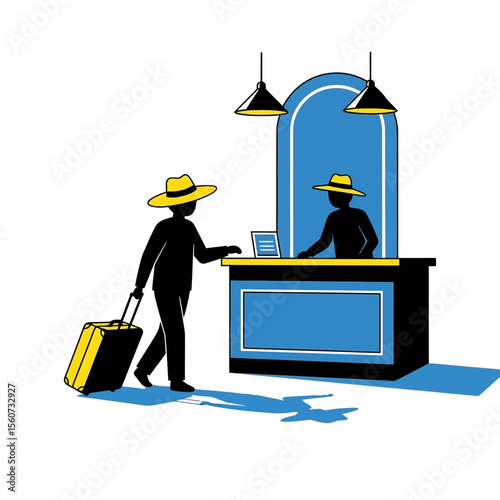 A hotel guest with luggage approaches the reception desk, where a receptionist is waiting, isolated on white background