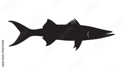 Black silhouette illustration of a ferocious barracuda swimming on a white background.