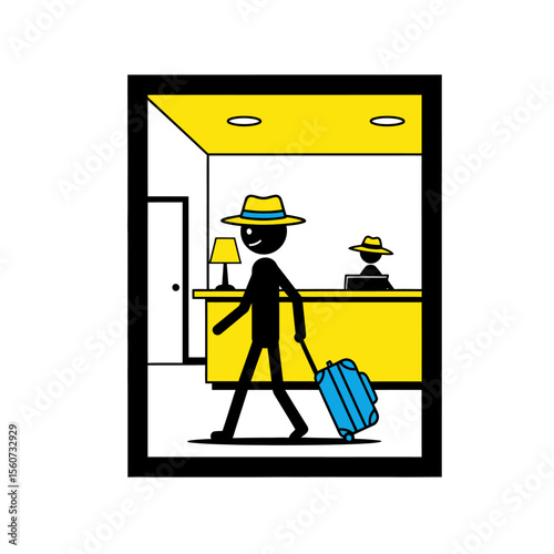 A stick figure with luggage approaches a hotel reception desk, isolated on white background