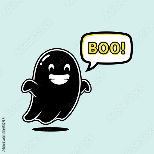 A cartoon ghost says boo in a speech bubble, isolated on a light blue background