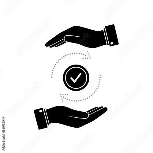 Two black hands exchange a check mark in a circle, symbolizing approval isolated on white background