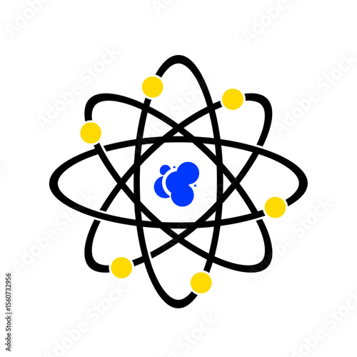 A black and yellow atom with a blue nucleus represents scientific research isolated on white background