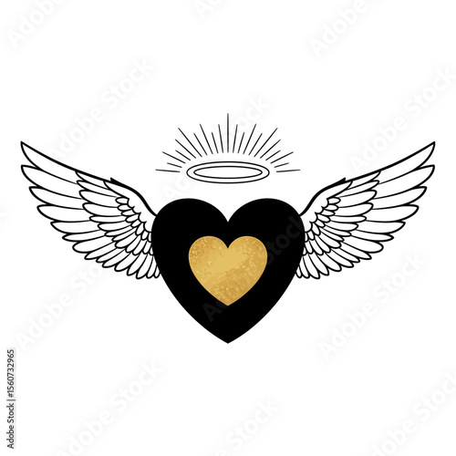 A black heart with golden center, wings, and halo represents angelic love isolated on white background