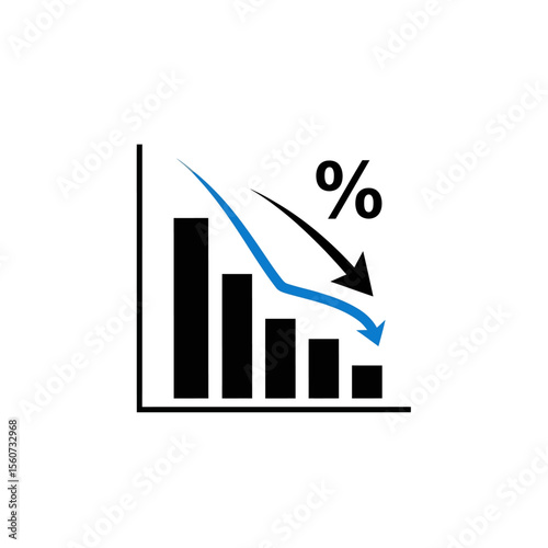 A black graph shows a blue arrow pointing downwards, indicating a percentage decrease isolated on white background