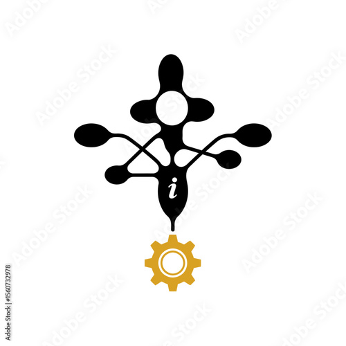 A stylized neuron with a gear at the base represents artificial intelligence, isolated on white background
