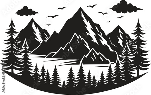 Black and white mountain landscape with forest, river, pine trees and snowy peaks, vintage style outdoor nature scene, hand drawn wilderness vector illustration