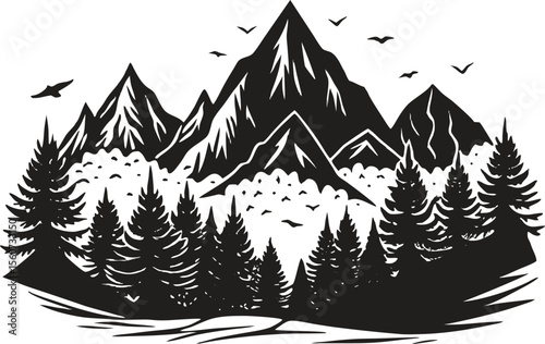 Black and white mountain landscape with forest, river, pine trees and snowy peaks, vintage style outdoor nature scene, hand drawn wilderness vector illustration