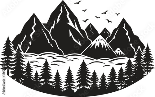 Black and white mountain landscape with forest, river, pine trees and snowy peaks, vintage style outdoor nature scene, hand drawn wilderness vector illustration