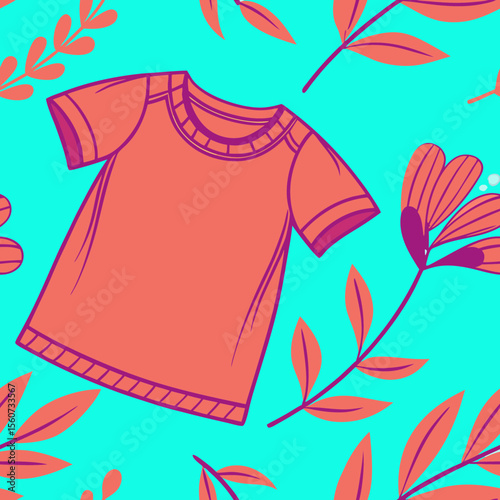 Playful illustration of a short-sleeve shirt in orange surrounded by floral patterns on a turquoise background 