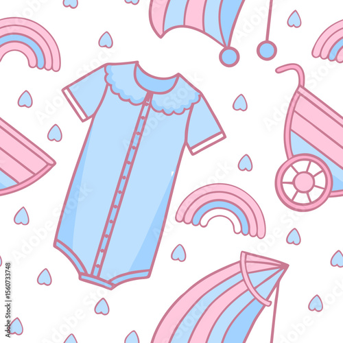 Baby onesies and accessories seamless pattern, playful design, nursery illustration, light background