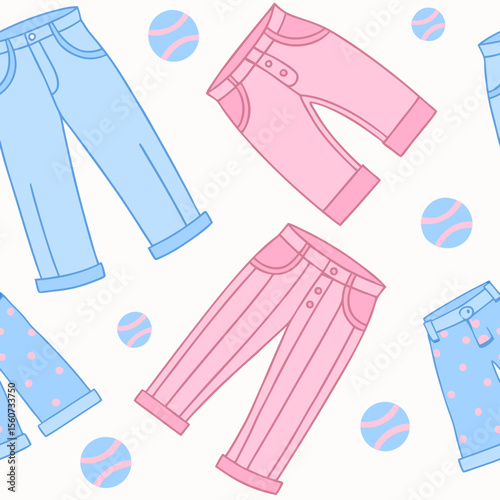 Children's pants seamless pattern, playful design, fashion illustration, light background