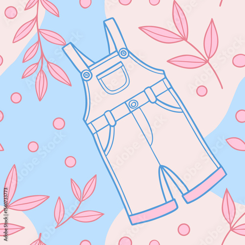 Children's overalls seamless pattern, playful design, fashion illustration, light colorful background
