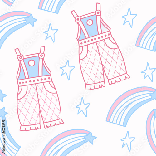 Children's overalls seamless pattern, playful design, fashion illustration, light background