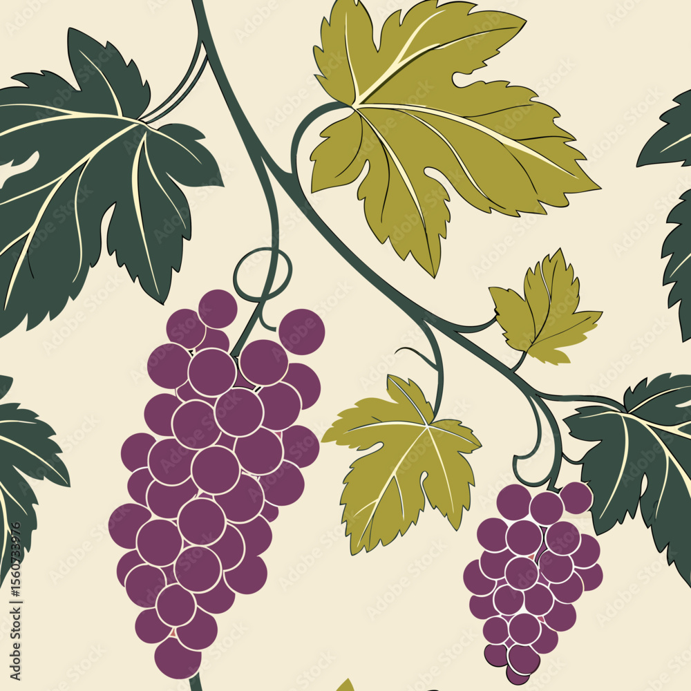 Fototapeta premium Elegant pattern of grapevines with purple grapes and green leaves on a soft cream background 