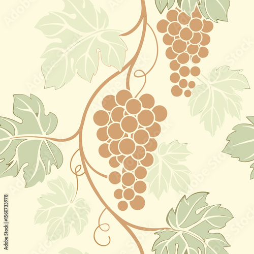 Pattern of grapevines and leaves on a soft cream background 
