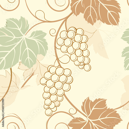 Elegant pattern of grapevines and leaves on a soft cream background 