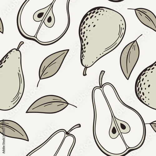 Pattern of pears and leaves on a soft cream background 