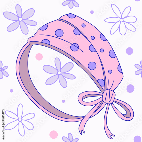 Playful pattern featuring a cute headband with polka dots and flowers on a soft pastel background