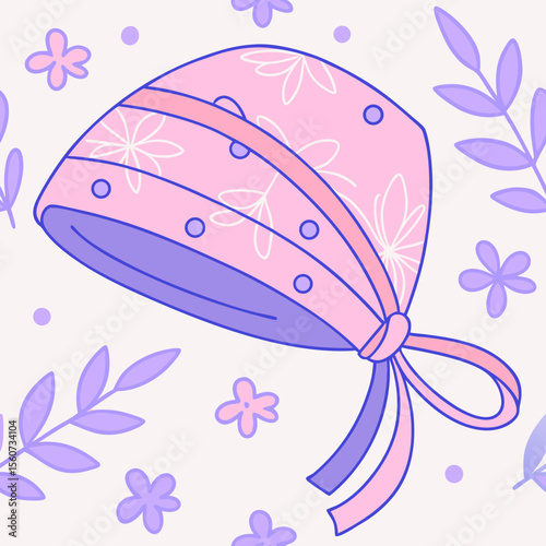 Charming pattern featuring a cute headscarf with floral designs on a soft pastel background