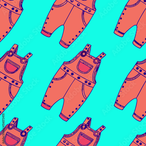 Bright pattern featuring cute overalls on a vibrant turquoise background