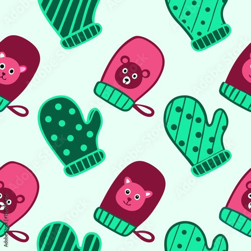 Fun pattern featuring cartoon mittens with animal faces on a light mint background
