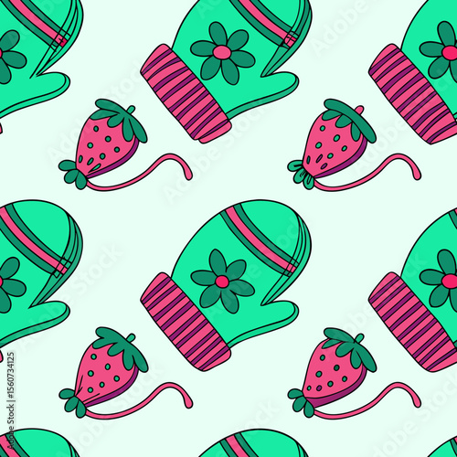 Colorful pattern featuring cute mittens and strawberries on a light mint background