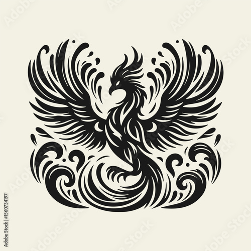 Black and white silhouette tattoo design of a phoenix bird, stylized in vintage woodcut or linocut technique. Clean lines, retro aesthetic, powerful mythical creature rising.
