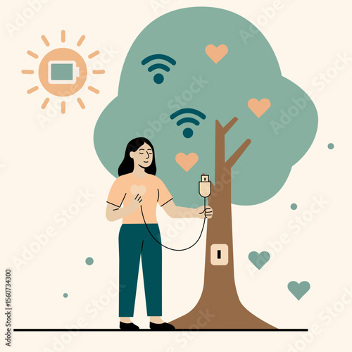 Flat vector of a woman recharging by plugging into a tree, symbolizing connection with nature for energy and balance.