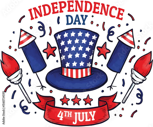 4th of July American Independence Day Lettering and Flag Layout with Festive Fireworks Background

