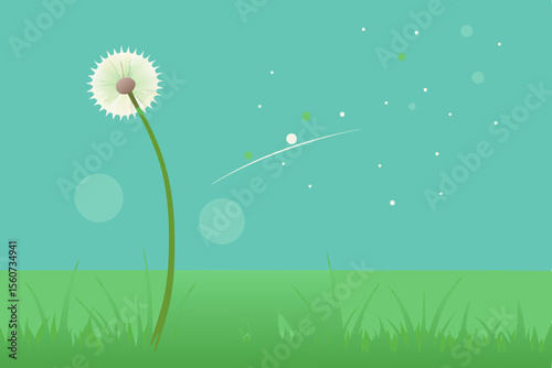 Minimalist Dandelion Illustration with Seeds Blowing in the Wind on Green Background