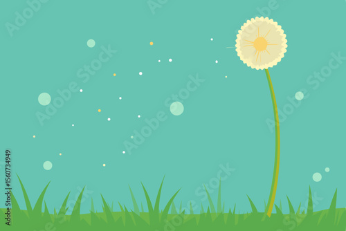 Minimalist Dandelion Illustration with Green Grass and Teal Background with Floating Seeds