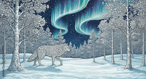 Arctic Wolf Under the Aurora Borealis A Winter Wonderland Illustration