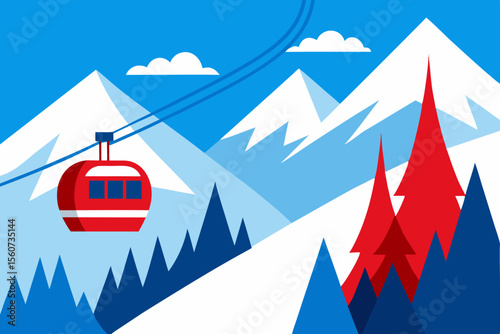 Stylized Mountain Landscape with Ski Lift and Evergreen Trees in Winter