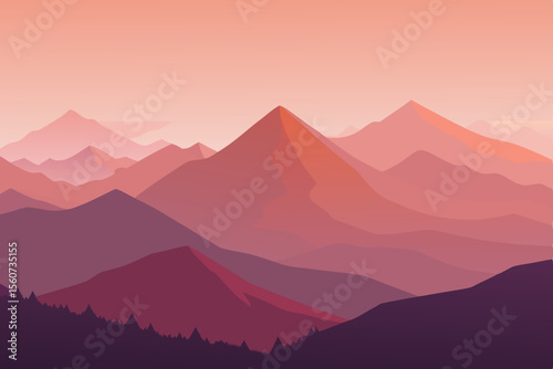 Abstract Mountain Range Landscape with Warm Tones and Silhouetted Trees