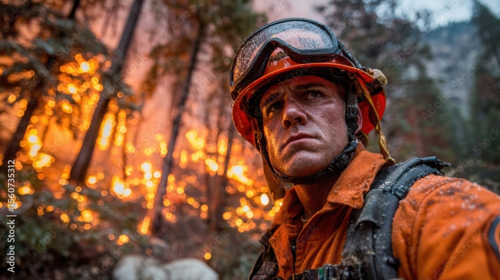 Obraz premium A firefighter stands resolutely in front of roaring flames in a dense forest, dressed in protective gear as he fights to control a major wildfire during the late afternoon.