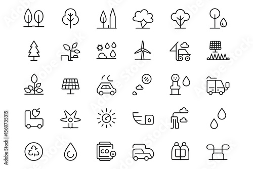 Collection of eco friendly and green technology icons for sustainability