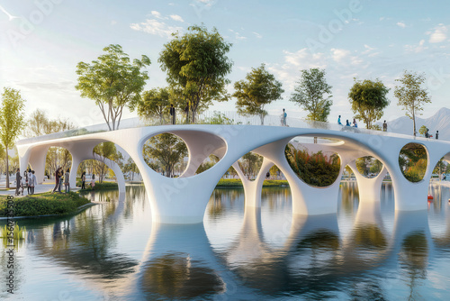 Futuristic city adapted to climate change, with green architecture, elevated walkways, and flood defenses